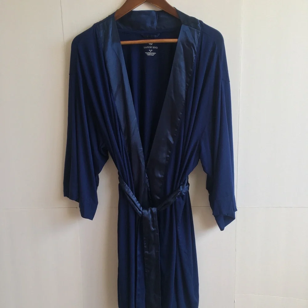 Lands' End Satin-Trim Midnight Blue Navy Robe NWOT- XL